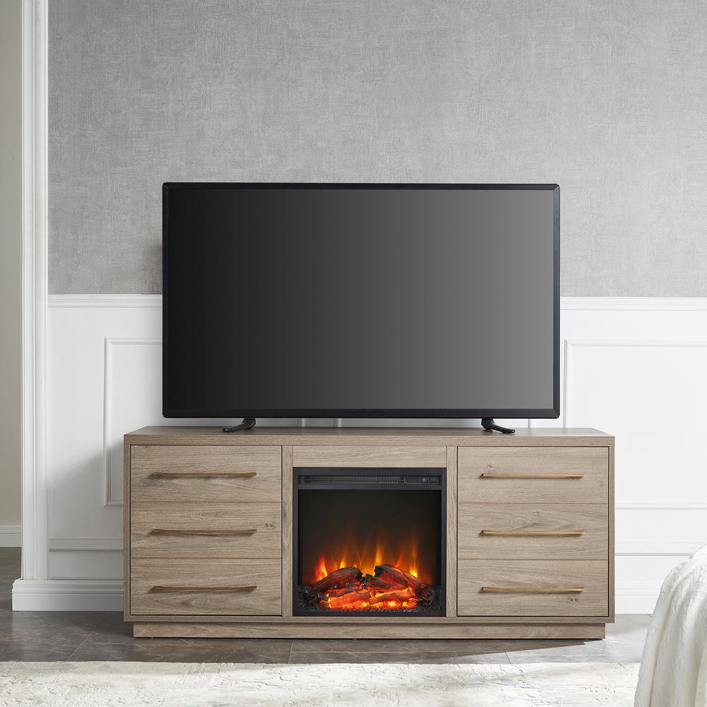 Greer Rectangular TV Stand with Log Fireplace for TV's up to 65" in Antiqued Gray Oak. Picture 12