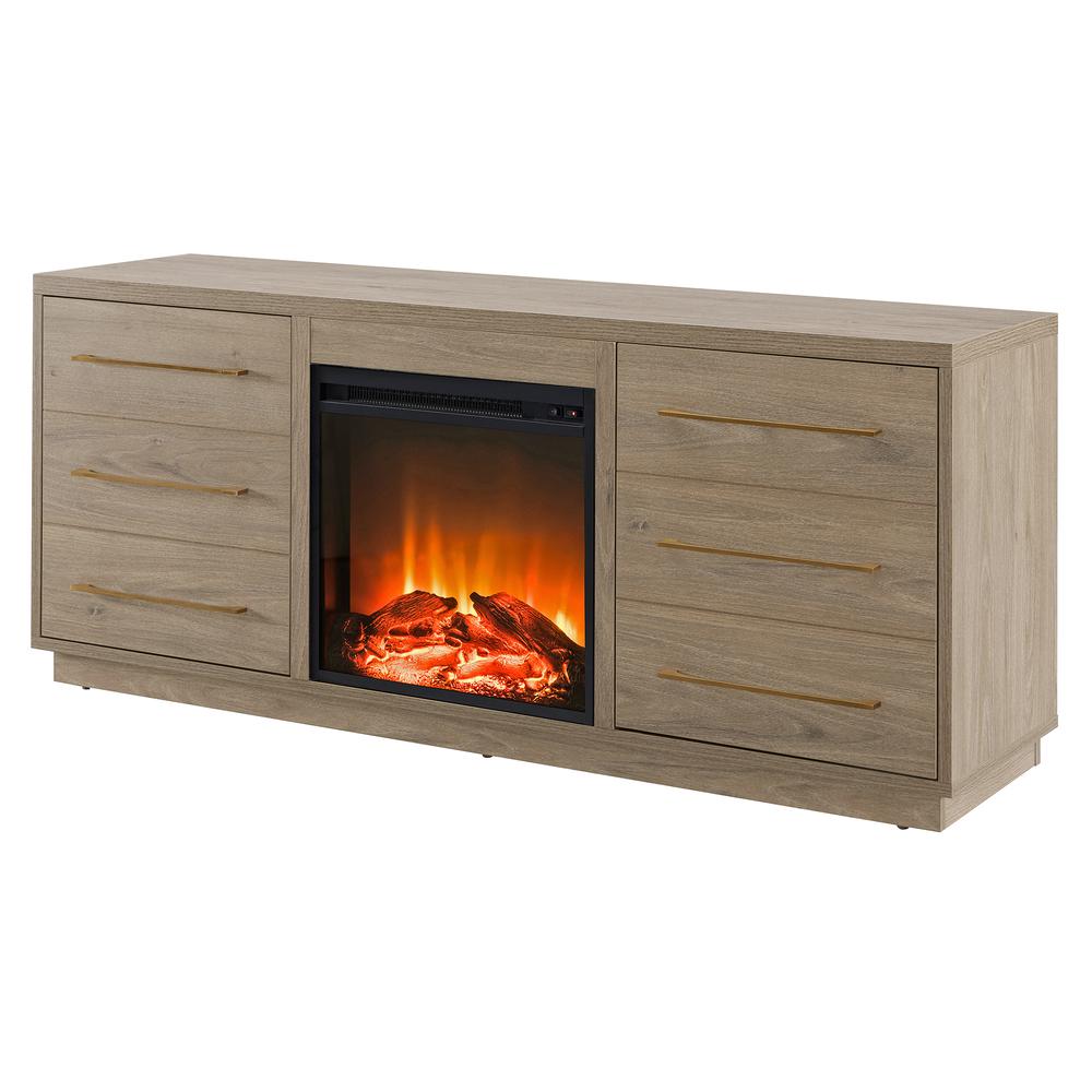 Greer Rectangular TV Stand with Log Fireplace for TV's up to 65" in Antiqued Gray Oak. Picture 3