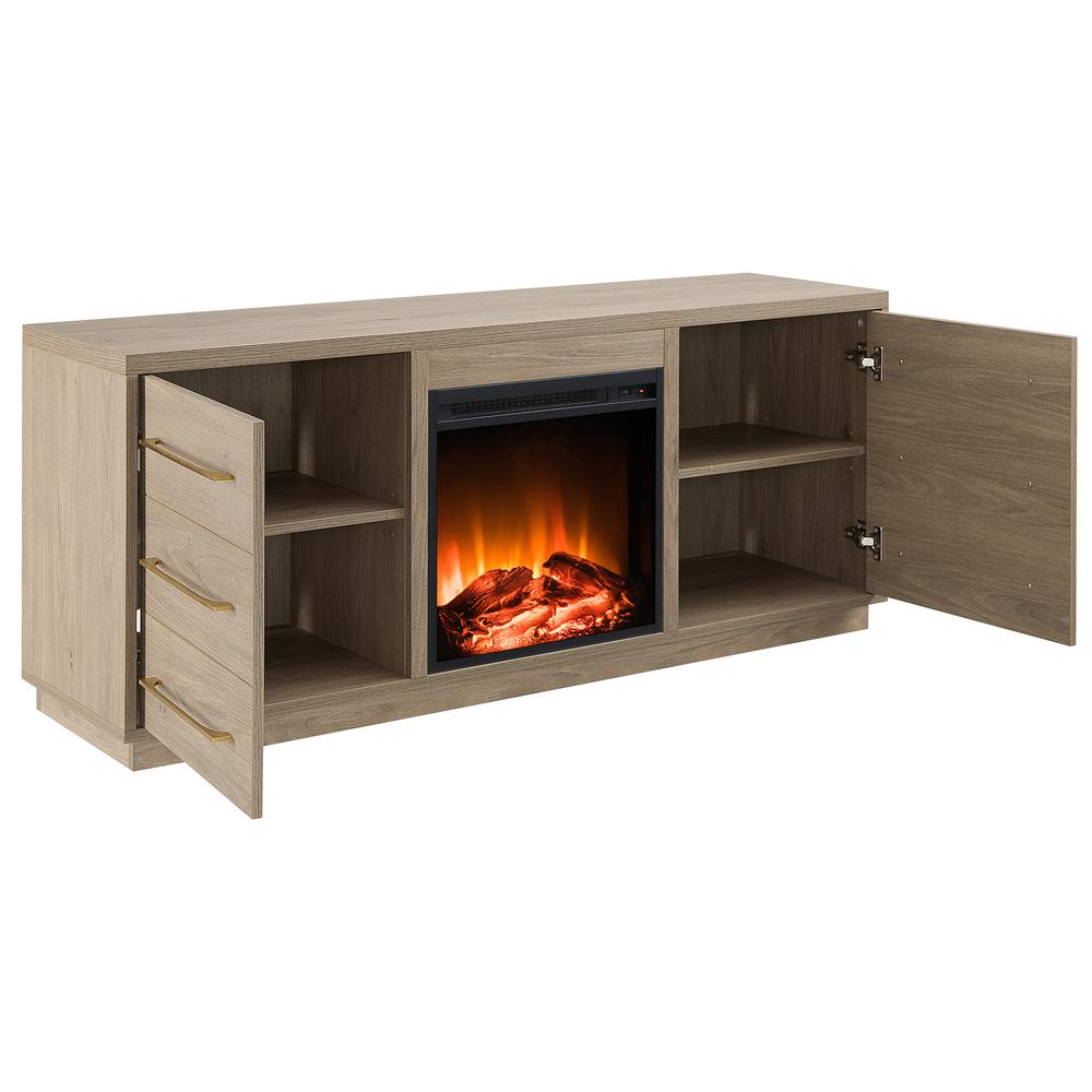Greer Rectangular TV Stand with Log Fireplace for TV's up to 65" in Antiqued Gray Oak. Picture 4