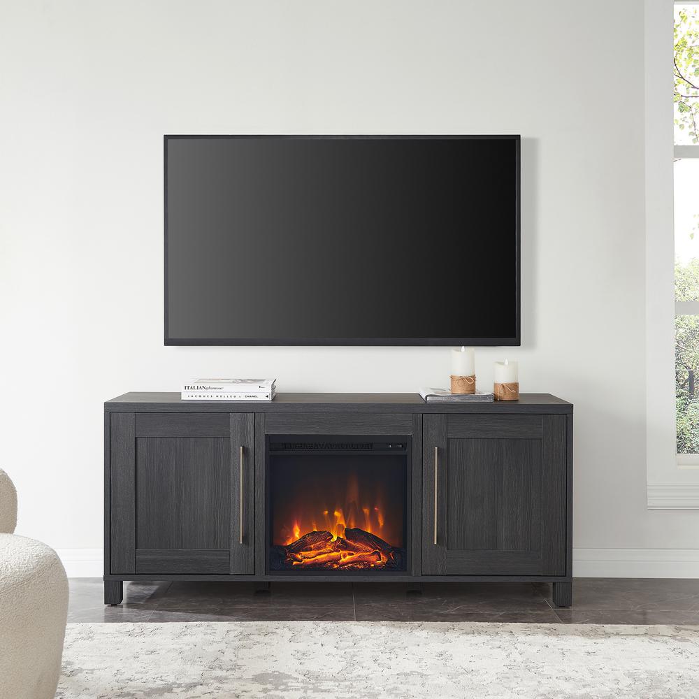 Chabot Rectangular TV Stand with Log Fireplace for TV's up to 65" in Charcoal Gray. Picture 4
