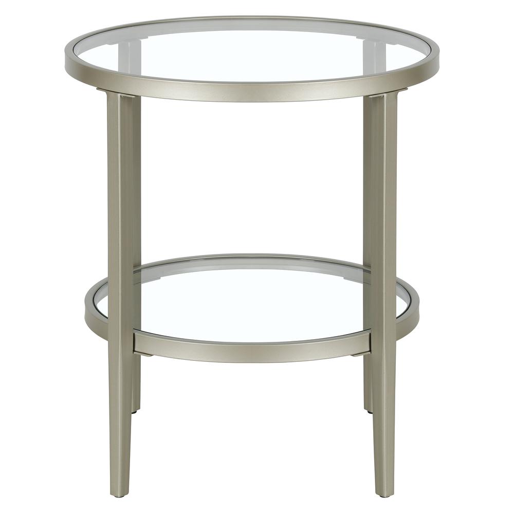 Hera 19.63'' Wide Round Side Table with Clear Glass Shelf in Satin Nickel. Picture 3