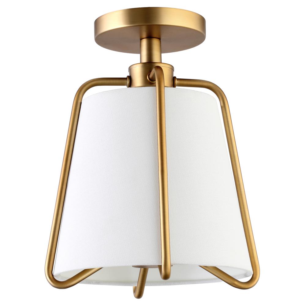 Marduk 9.5" Semi Flush Mount with Fabric Shade in Brushed Brass/White. Picture 1
