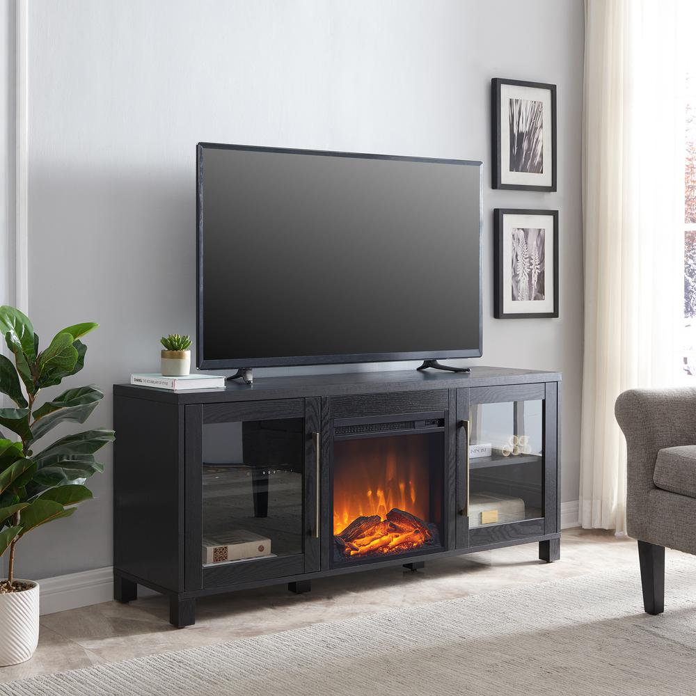 Quincy Rectangular TV Stand with Log Fireplace for TV's up to 65" in Black Grain. Picture 2