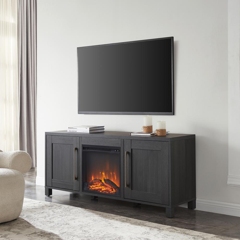 Chabot Rectangular TV Stand with Log Fireplace for TV's up to 65" in Charcoal Gray. Picture 2