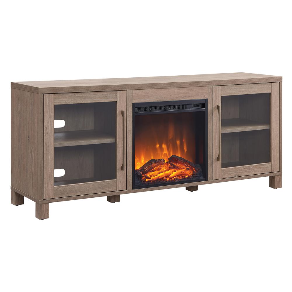 Quincy Rectangular TV Stand with Log Fireplace for TV's up to 65" in Antiqued Gray Oak. Picture 1