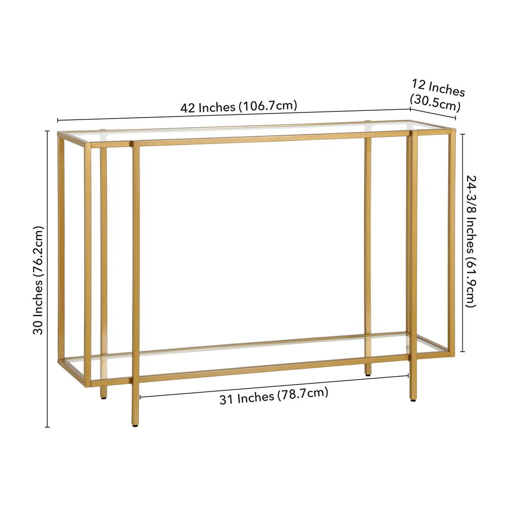 Vireo 42'' Wide Rectangular Console Table with Glass Shelf in Brushed Brass. Picture 5