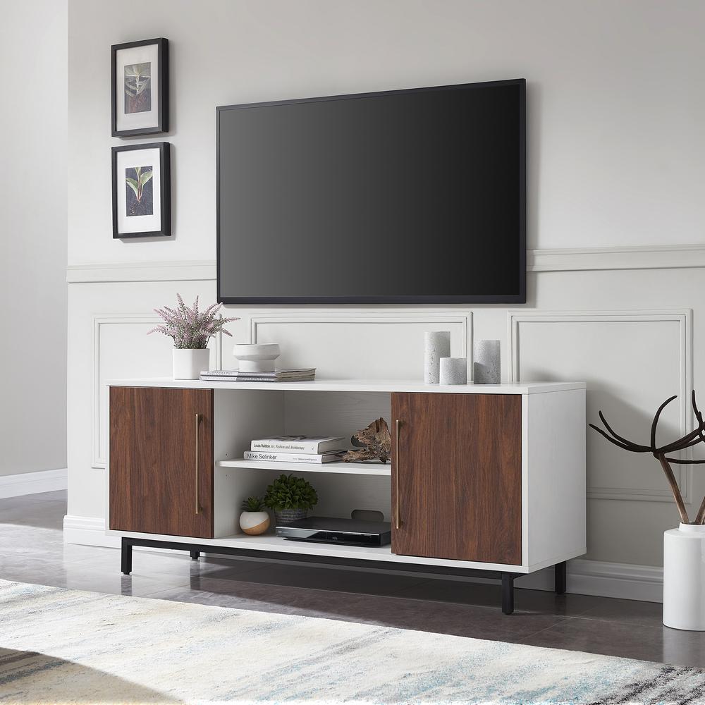 Julian Rectangular TV Stand for TV's up to 65" in White/Walnut. Picture 2