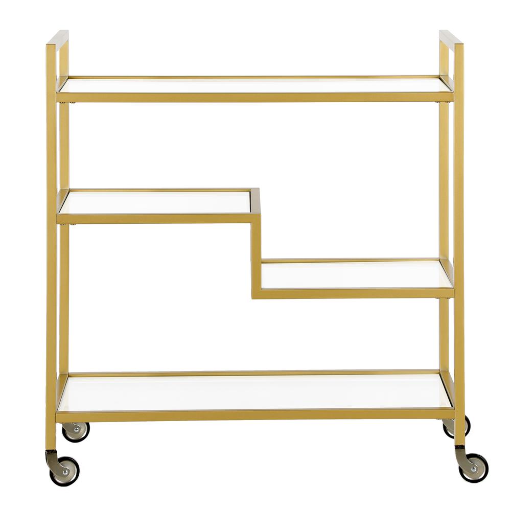 Lovett 33" Wide Rectangular Bar Cart with Glass Shelves in Brass. Picture 3