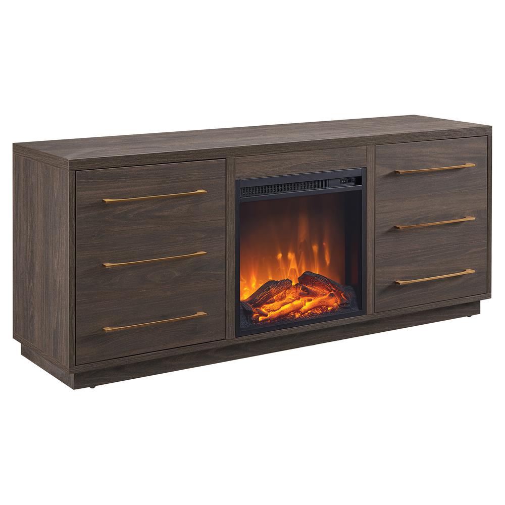 Greer Rectangular TV Stand with Log Fireplace for TV's up to 65" in Alder Brown. Picture 1