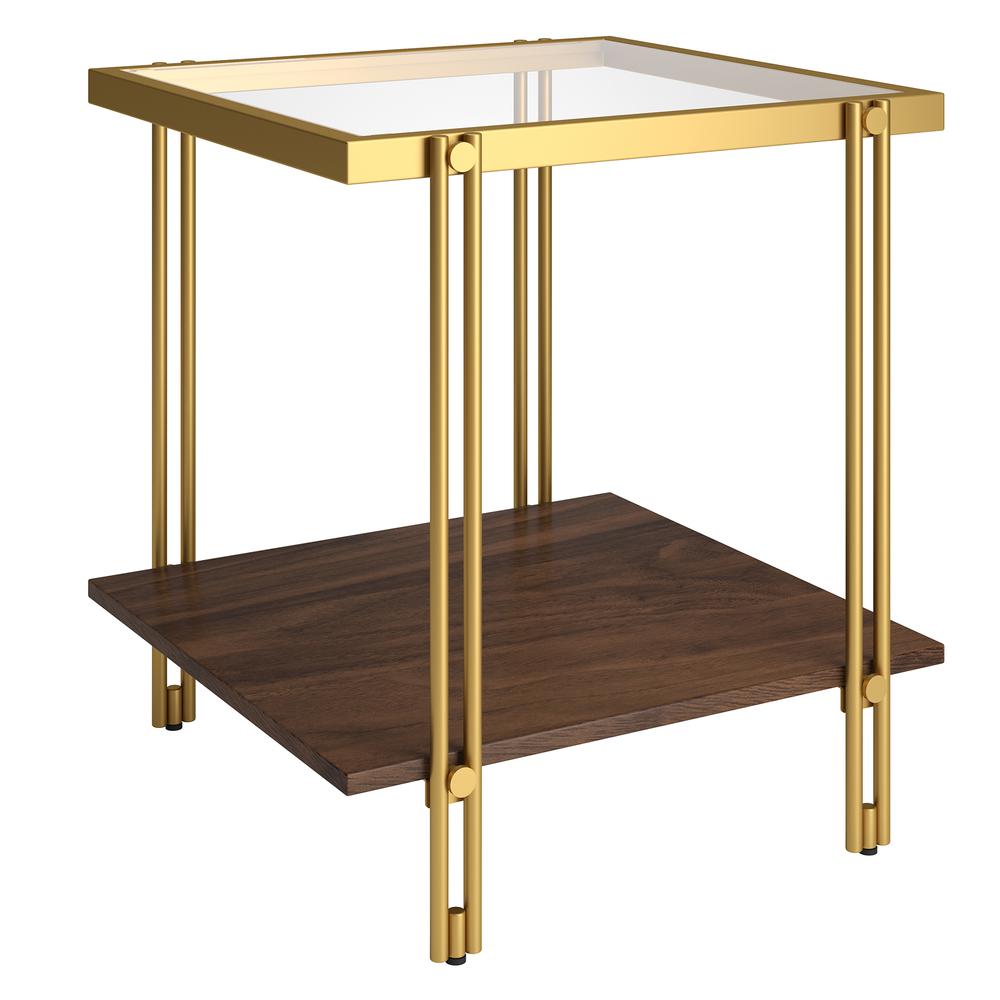 Inez 20'' Wide Square Side Table with MDF Shelf in Brass/Walnut. Picture 1