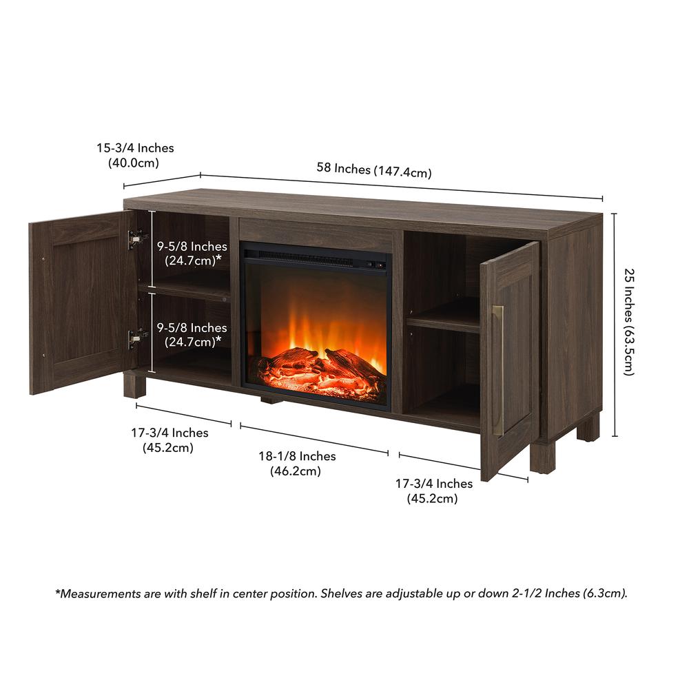 Chabot Rectangular TV Stand with Log Fireplace for TV's up to 65" in Alder Brown. Picture 5