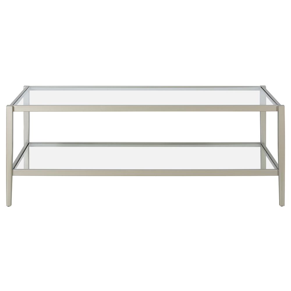 Hera 45'' Wide Rectangular Coffee Table with Glass Shelf in Satin Nickel. Picture 3