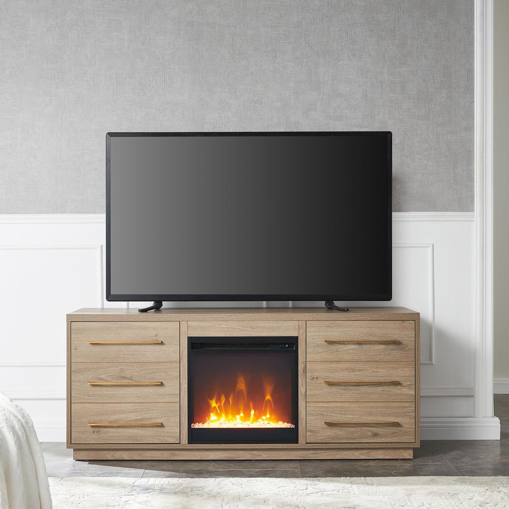 Greer Rectangular TV Stand with Crystal Fireplace for TV's up to 65" in Antiqued Gray Oak. Picture 4