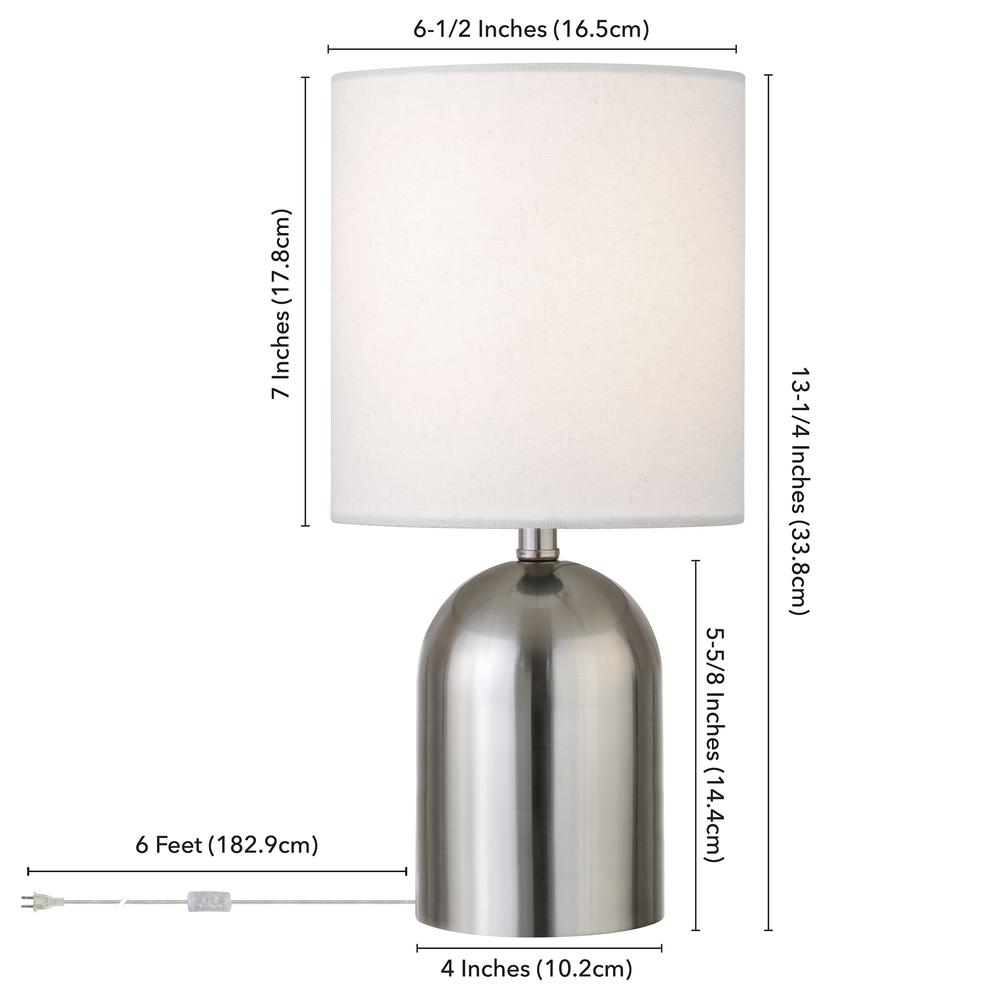 Talbot 13.25" Tall Mini Lamp with Fabric Shade in Brushed Nickel/White. Picture 3