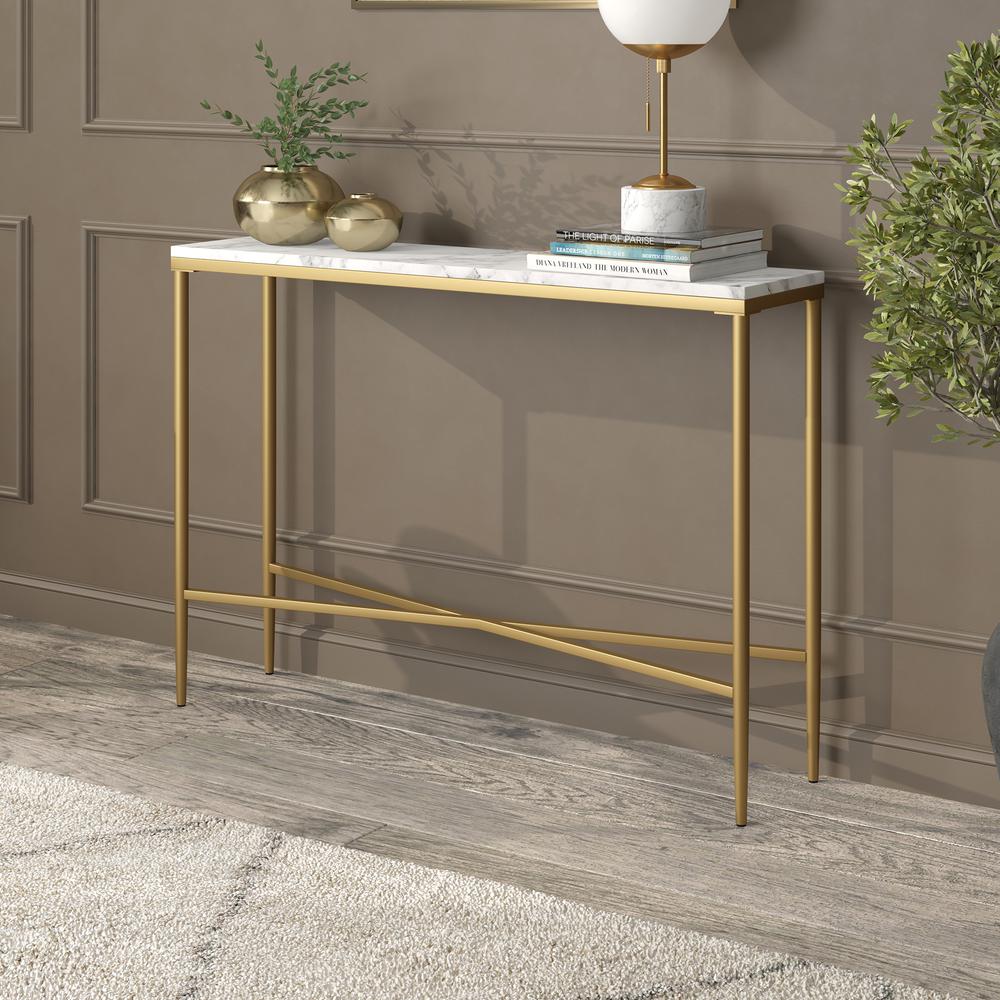 Huxley 42" Wide Retangular Console Table with Faux Marble Top in Brass. Picture 2