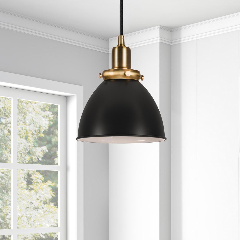 Madison 8" Wide Pendant with Metal Shade in Black/Brass/Black. Picture 4