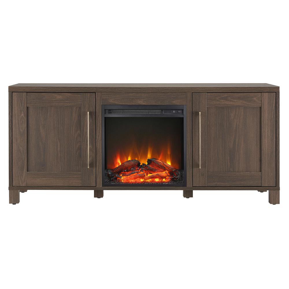 Chabot Rectangular TV Stand with Log Fireplace for TV's up to 65" in Alder Brown. Picture 3