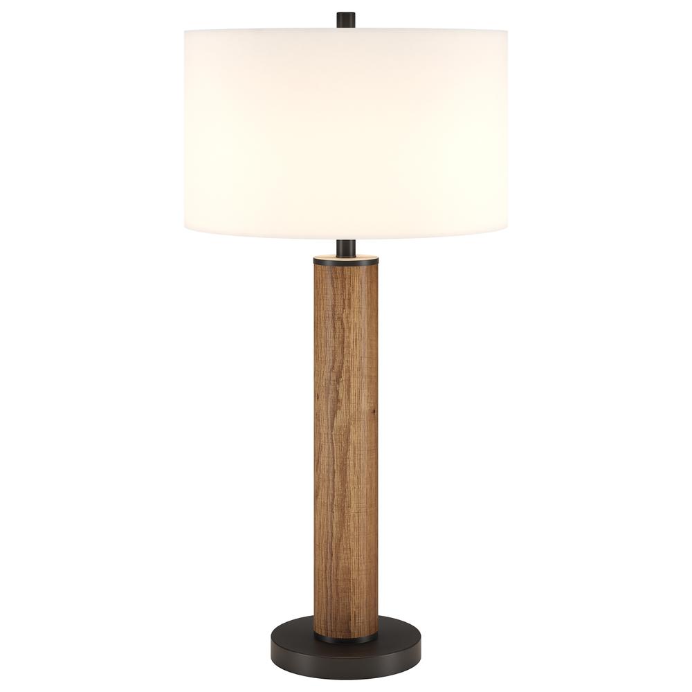 Harlow 29" Tall Table Lamp with Fabric Shade in Rustic Oak/Blackened Bronze/White. Picture 3