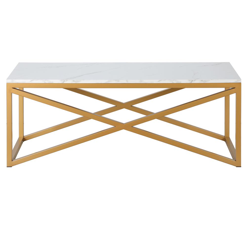 Calix 46'' Wide Rectangular Coffee Table with Faux Marble Top in Brass. Picture 3