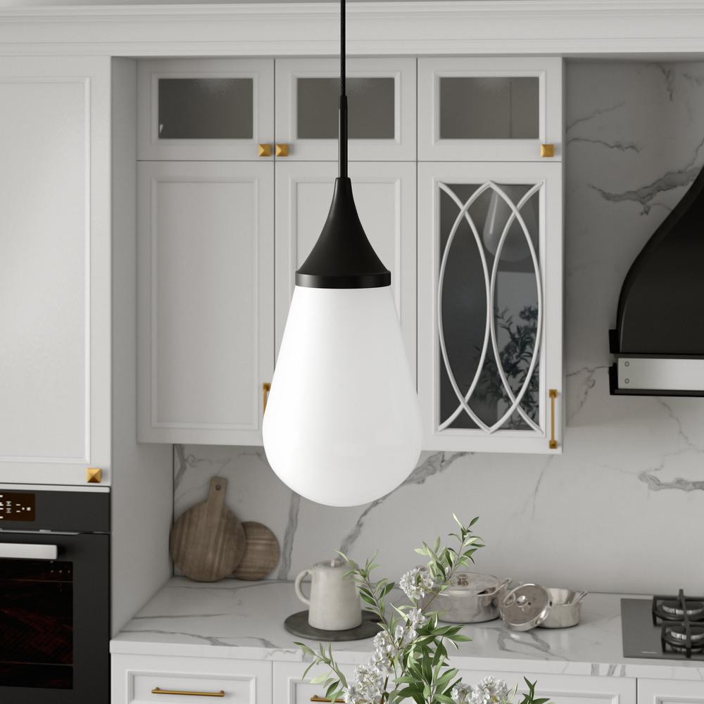 Ambrose 8.63" Wide Pendant with Glass Shade in Blackened Bronze/Milk White. Picture 2