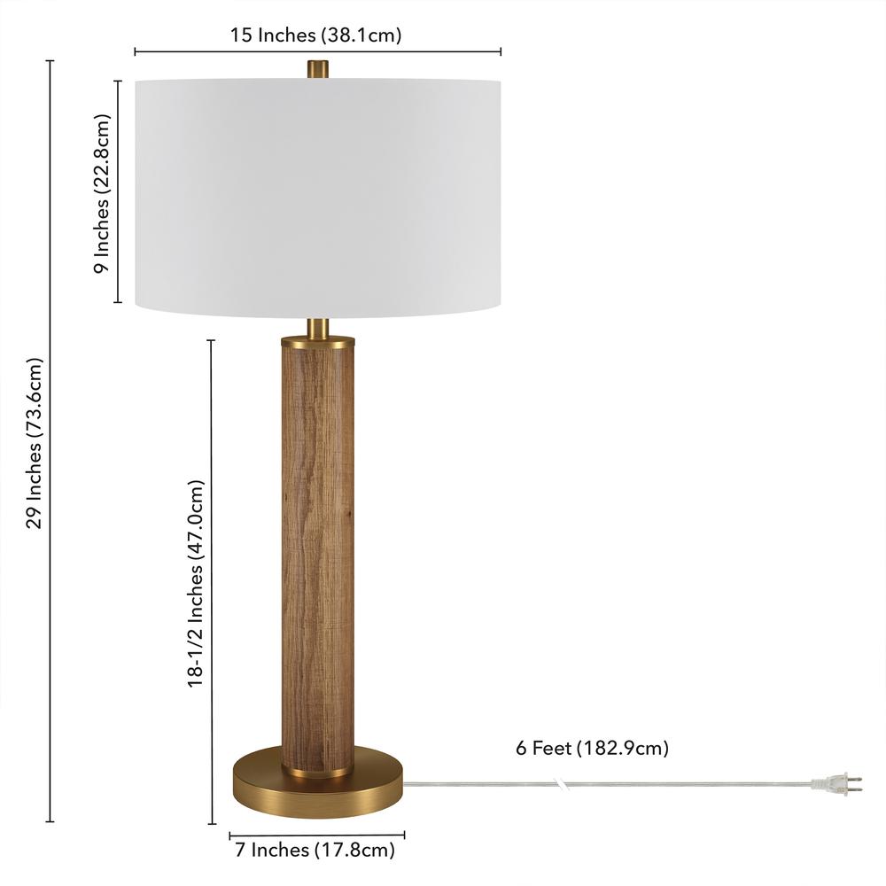 Harlow 29" Tall Table Lamp with Fabric Shade in Rustic Oak/Brass/White. Picture 5