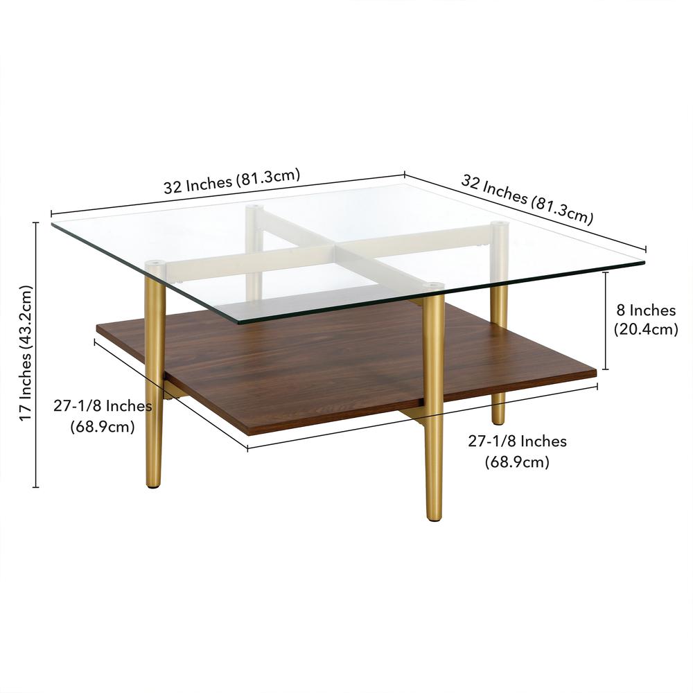 Otto 32" Wide Square Coffee Table with Faux Walnut Shelf in Brass. Picture 5