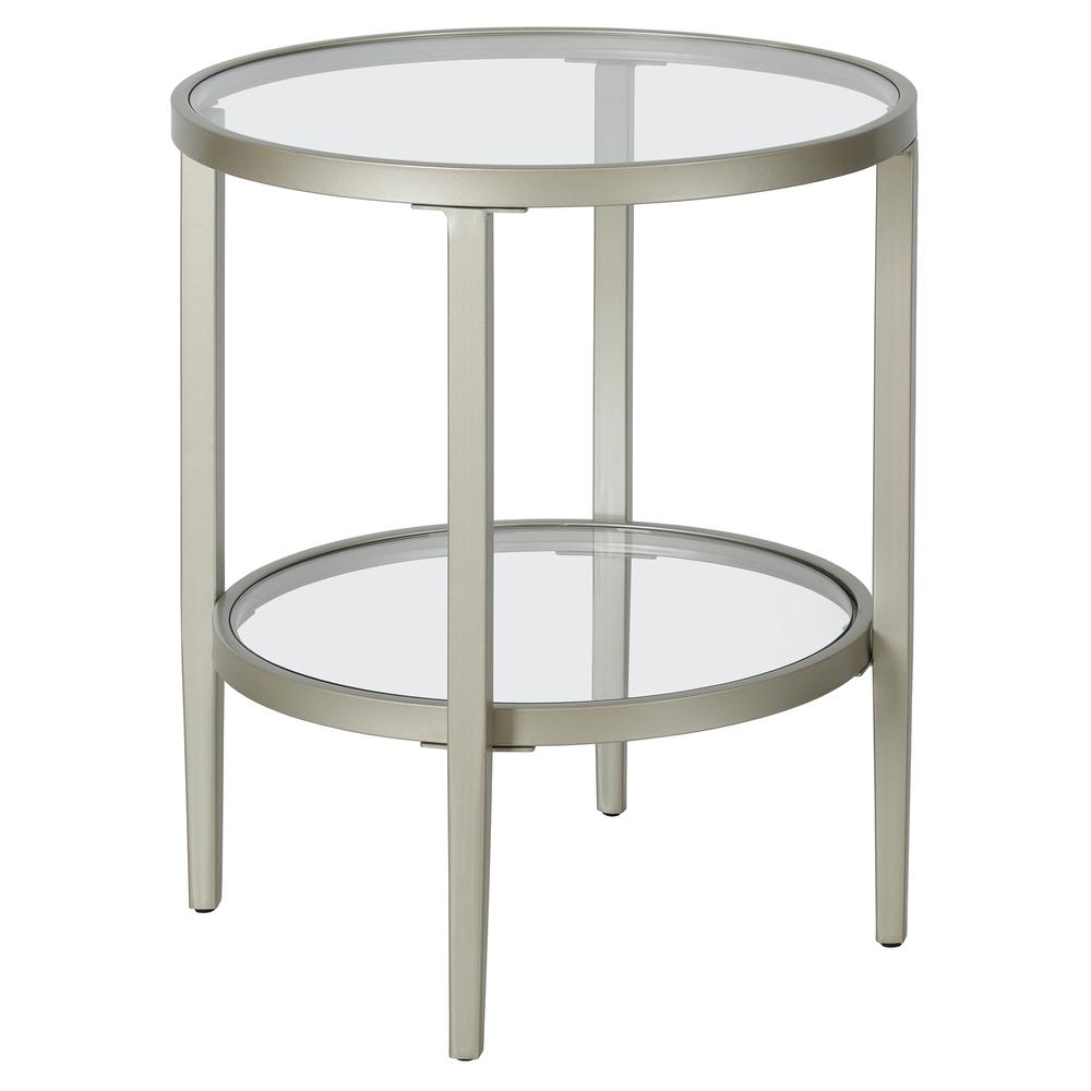 Hera 19.63'' Wide Round Side Table with Clear Glass Shelf in Satin Nickel. Picture 1