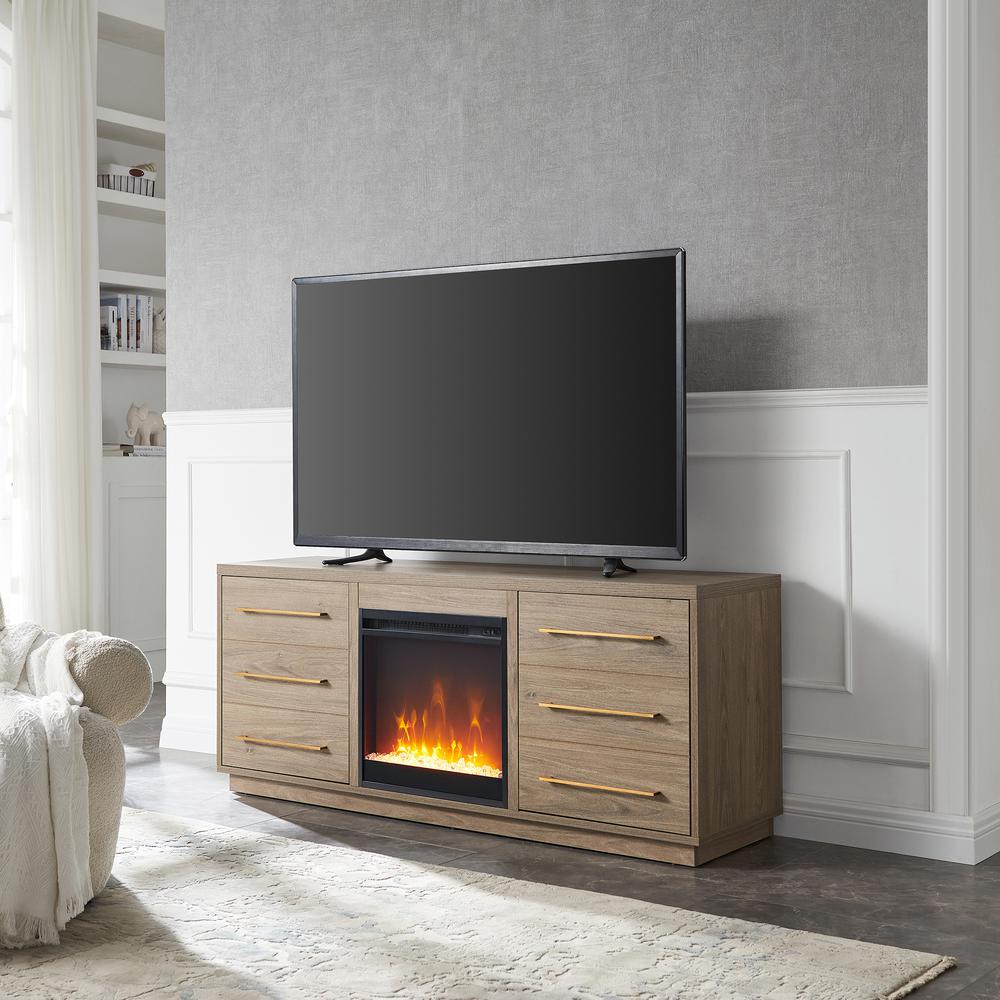 Greer Rectangular TV Stand with Crystal Fireplace for TV's up to 65" in Antiqued Gray Oak. Picture 2