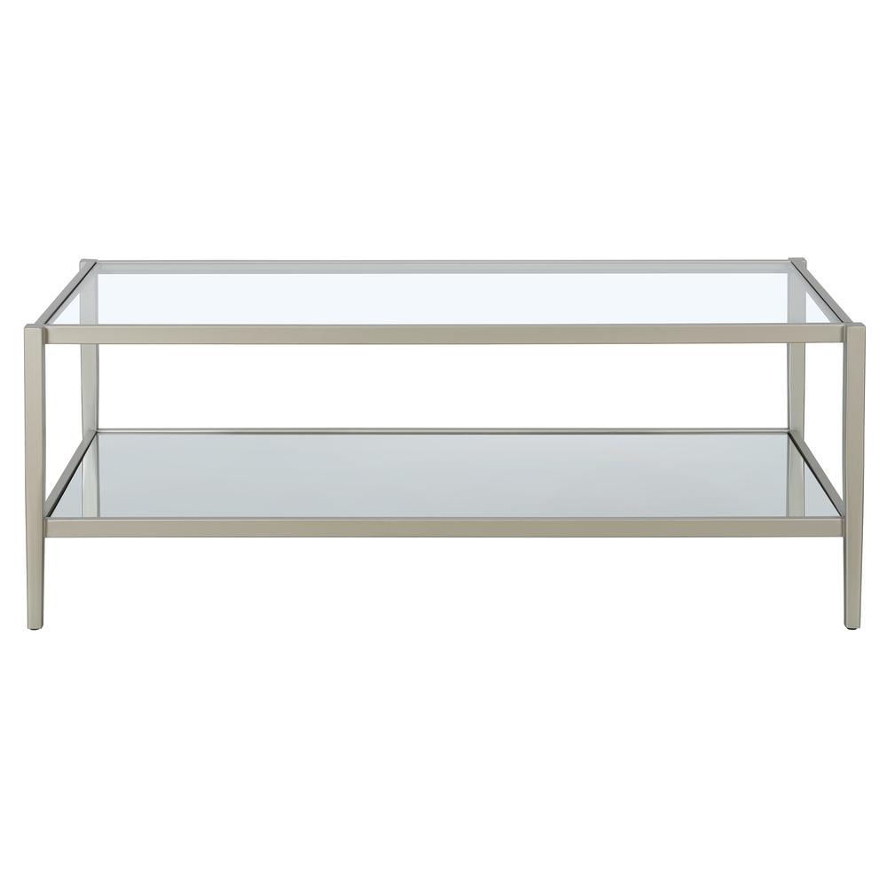 Hera 45'' Wide Rectangular Coffee Table with Mirror Shelf in Satin Nickel. Picture 3