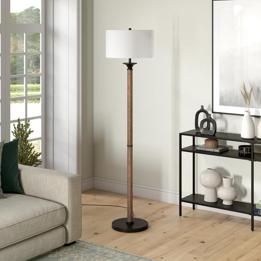 Delaney 66" Tall Floor Lamp with Fabric Shade in Rustic Oak/Blackened Bronze. Picture 2