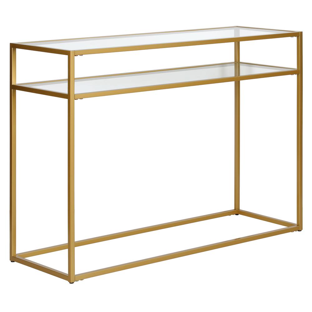 Addison 42'' Wide Rectangular Console Table with Glass Shelf in Brass. Picture 1