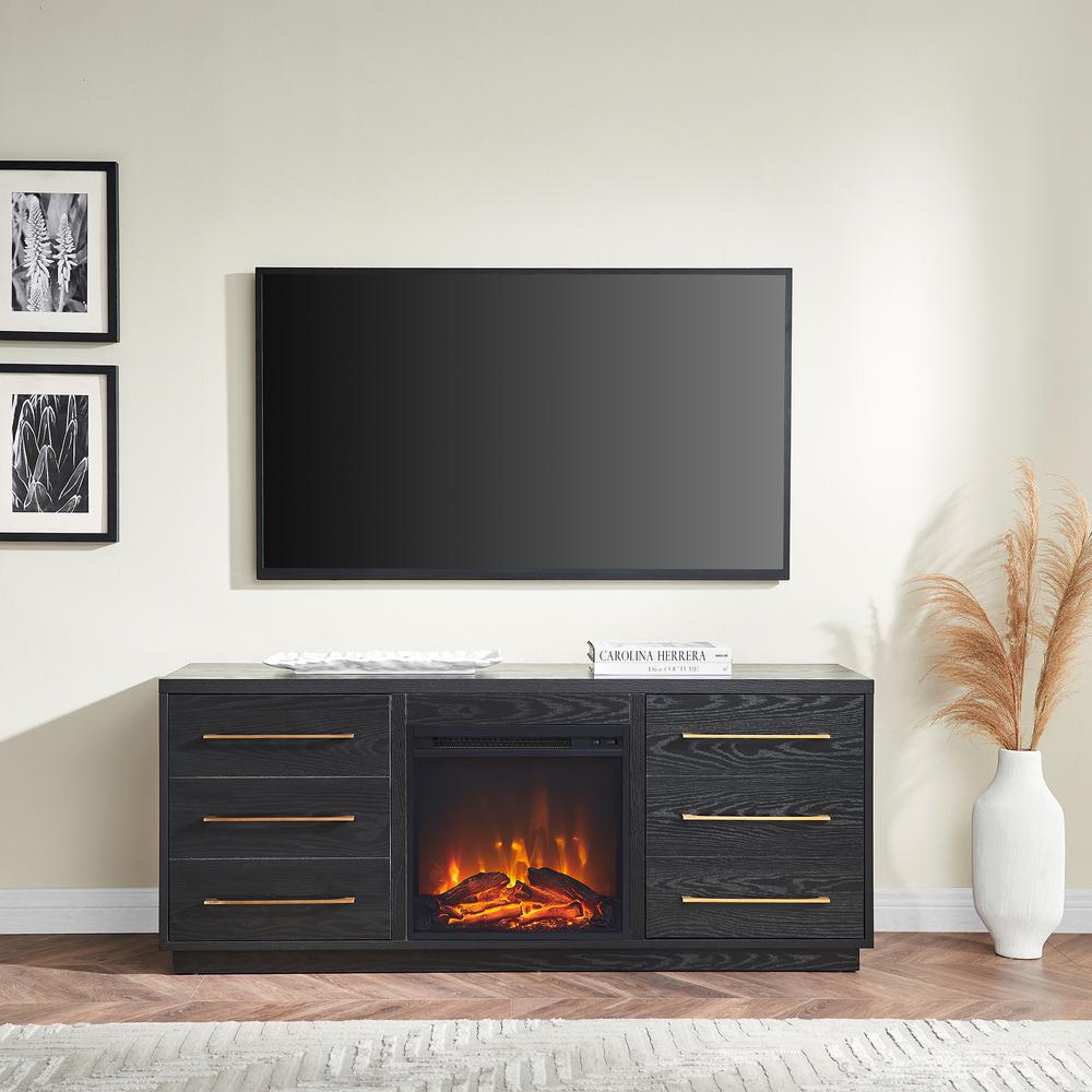 Greer Rectangular TV Stand with Log Fireplace for TV's up to 65" in Black Grain. Picture 4