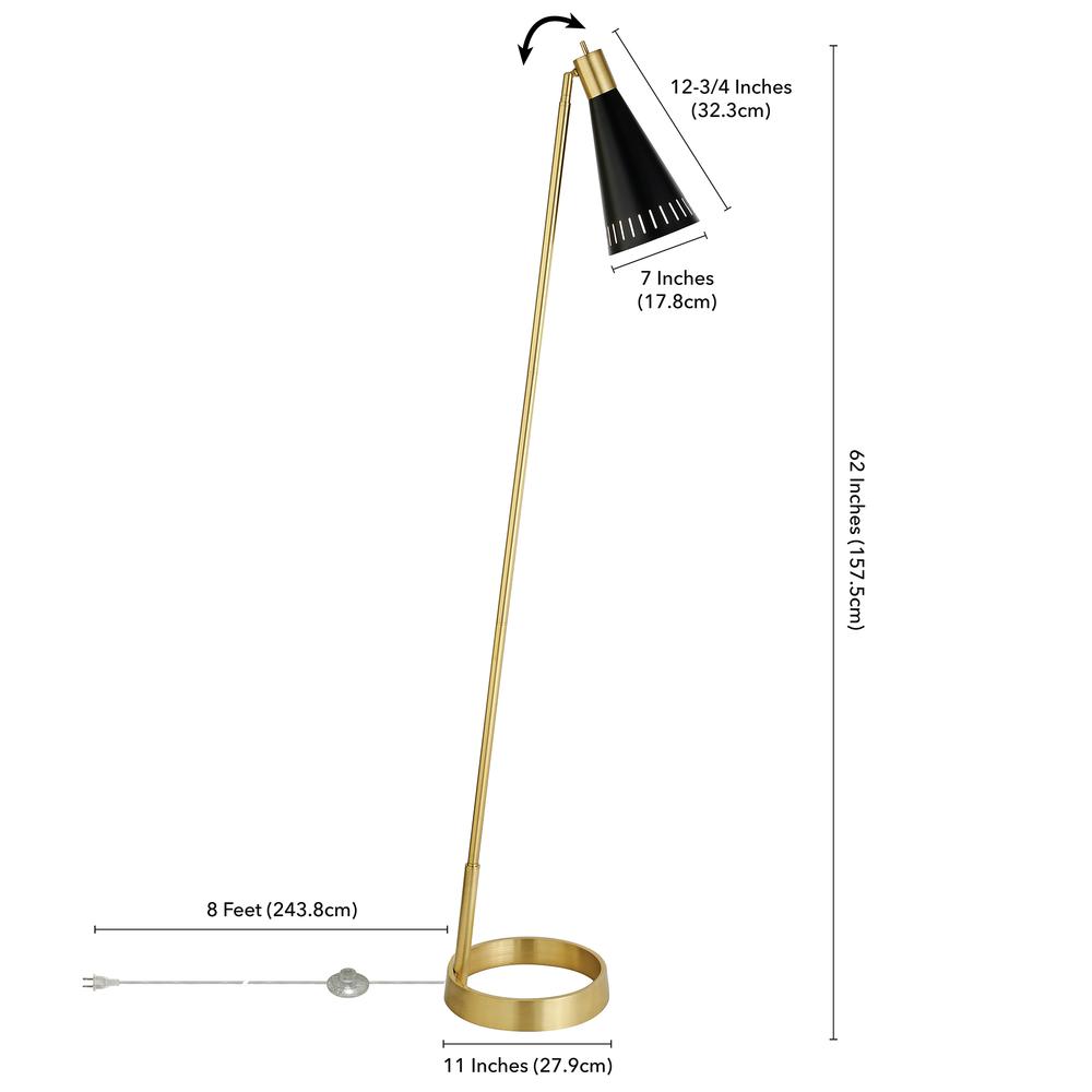 Kintam 62.25" Tall Floor Lamp with Metal Shade in Brushed Brass/Matte Black. Picture 5