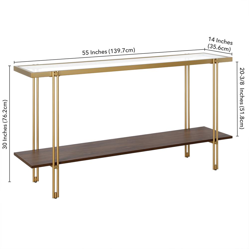 Inez 55" Wide Rectangular Console Table with MDF Shelf in Brass and Walnut. Picture 5