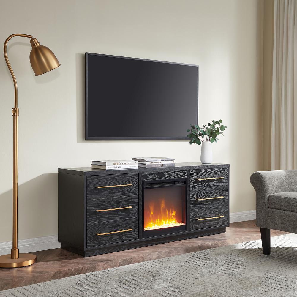 Greer Rectangular TV Stand with Crystal Fireplace for TV's up to 65" in Black Grain. Picture 2