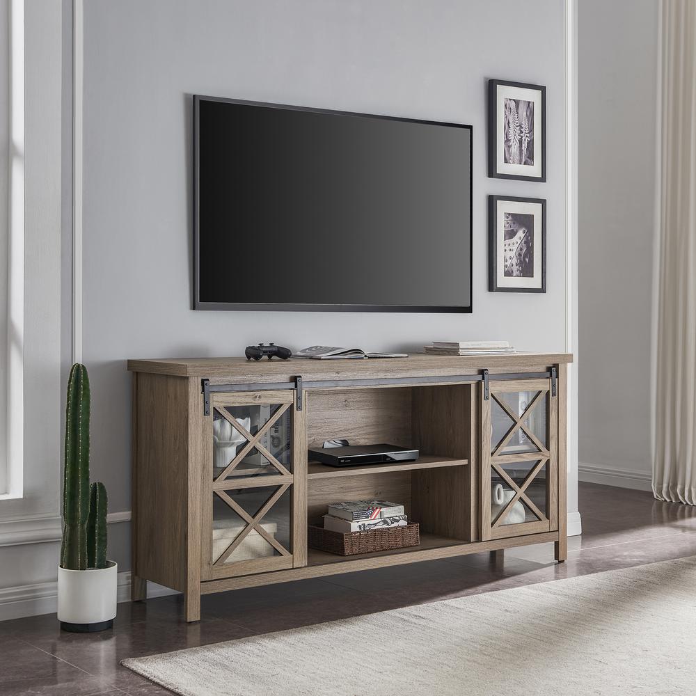 Clementine Rectangular TV Stand for TV's up to 80" in Antiqued Gray Oak. Picture 5