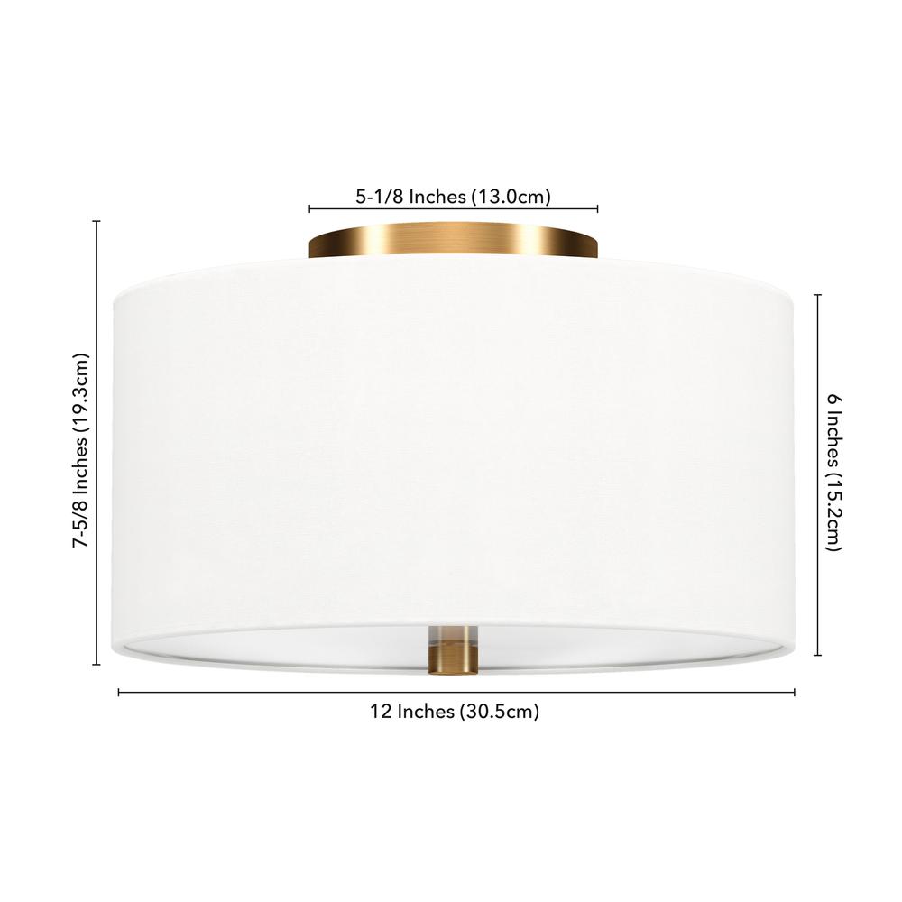 Ellis 12" Flush Mount with Fabric Shade in Brass/White. Picture 5