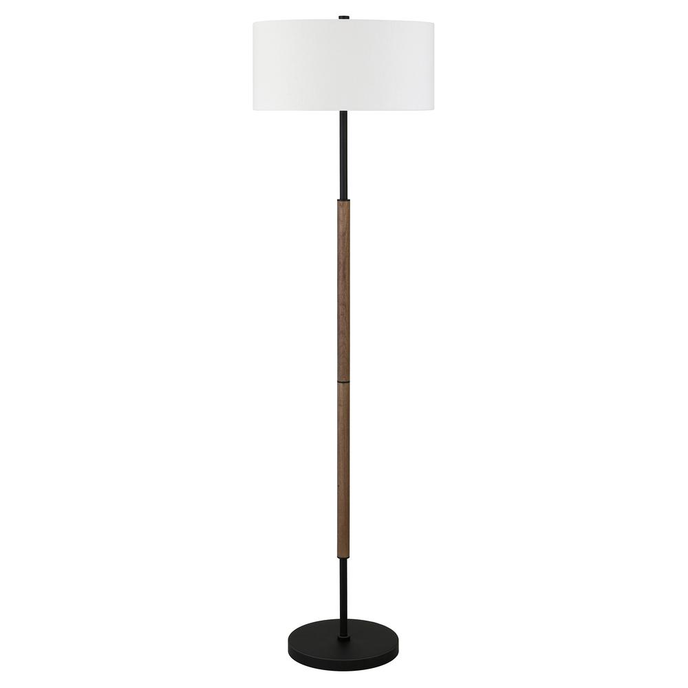 Simone 2-Light Floor Lamp with Fabric Shade in Blackened Bronze/Rustic Oak/White. Picture 1