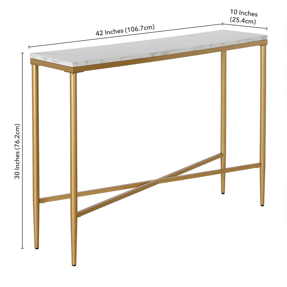 Huxley 42" Wide Retangular Console Table with Faux Marble Top in Brass. Picture 5
