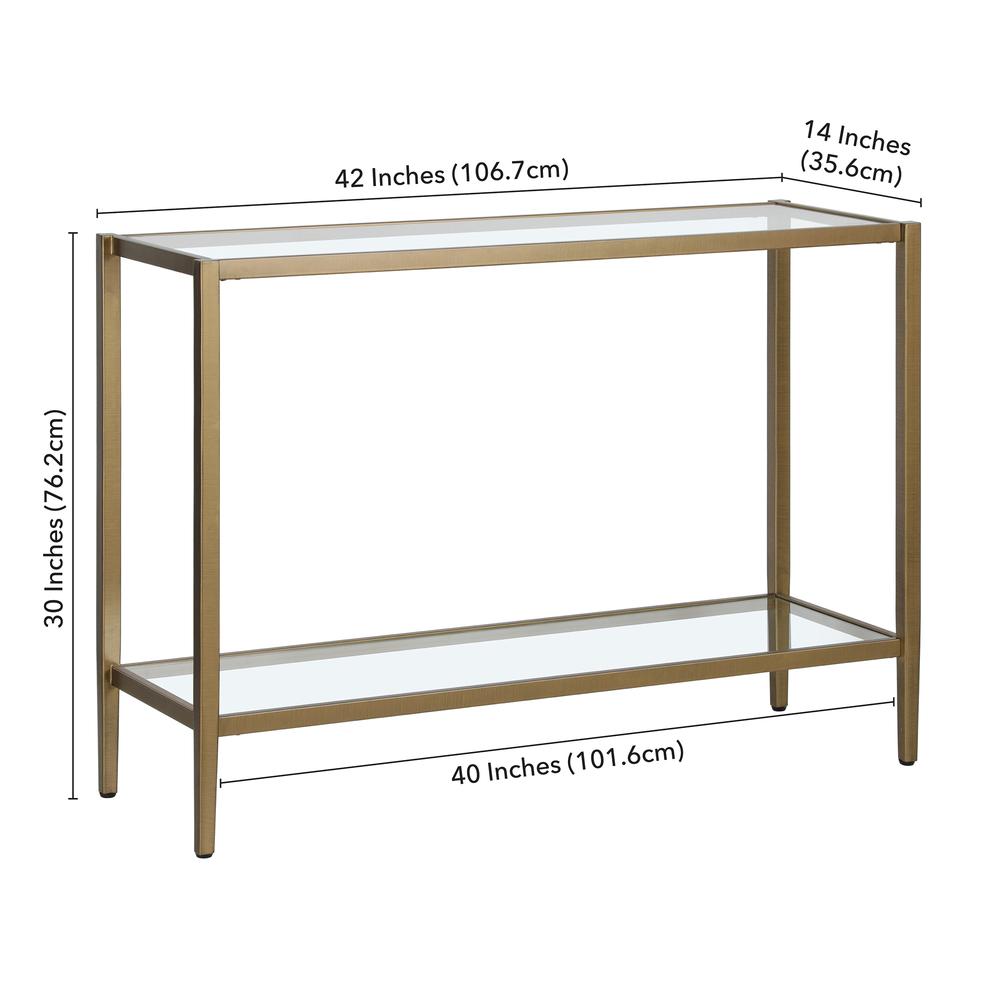 Hera 42'' Wide Rectangular Console Table with Clear Shelf in Antique Brass. Picture 5