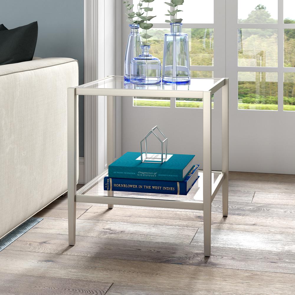 Hera 20'' Wide Square Side Table with Clear Shelf in Satin Nickel. Picture 2
