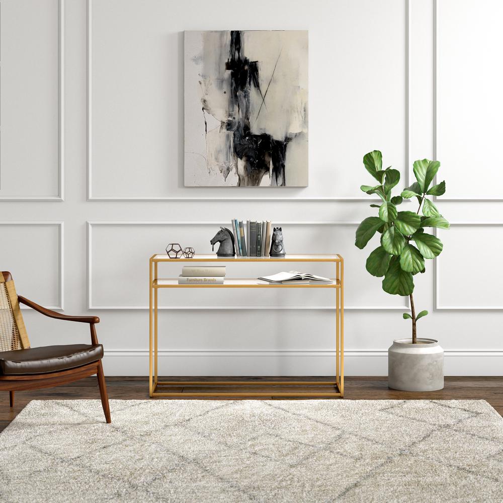 Addison 42'' Wide Rectangular Console Table with Glass Shelf in Brass. Picture 4