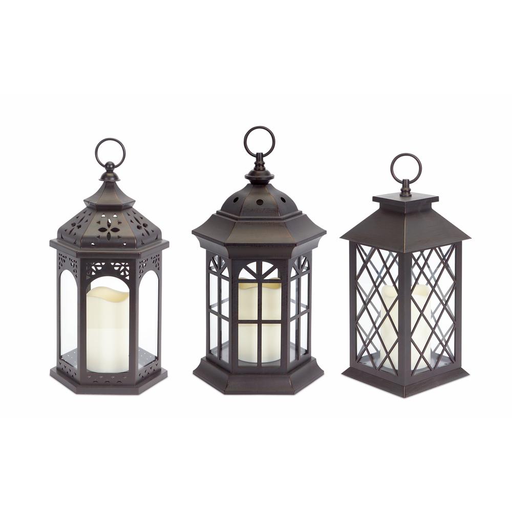 Lanterns w/LED Candle (Set of 3) w/6 Hour Timer 13"H Plastic/Glass. Picture 1