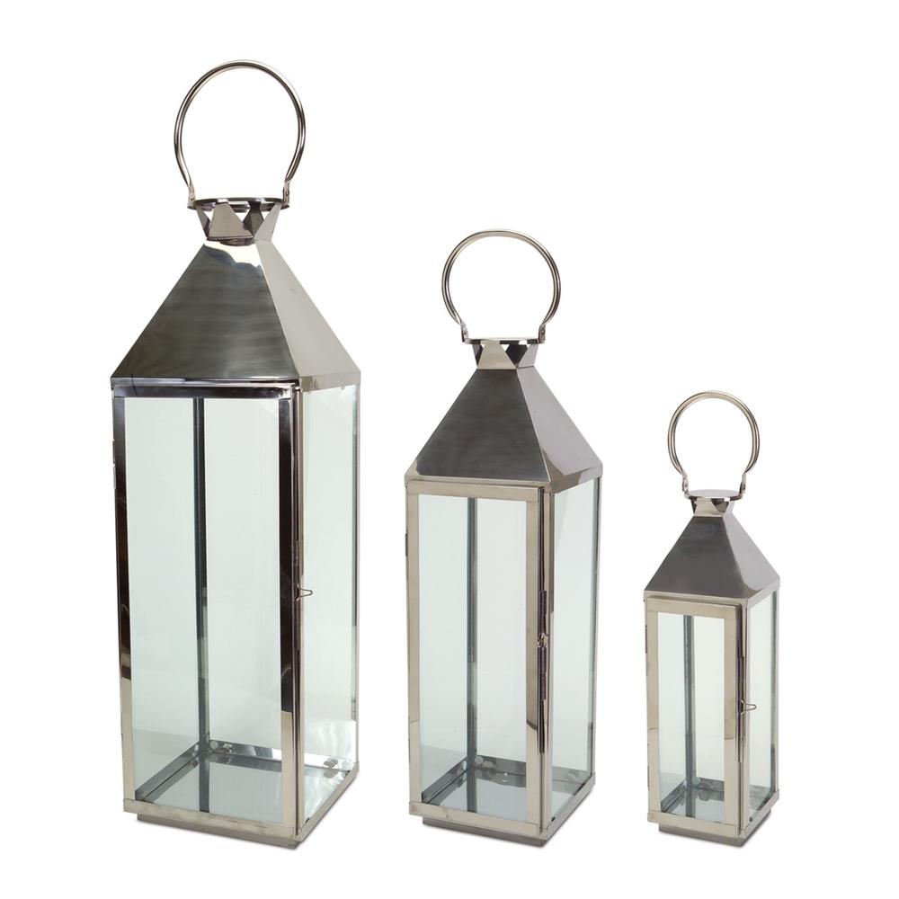 Lantern (Set of 3) 19.5", 26", 34"H Stainless Steel/Glass. Picture 1
