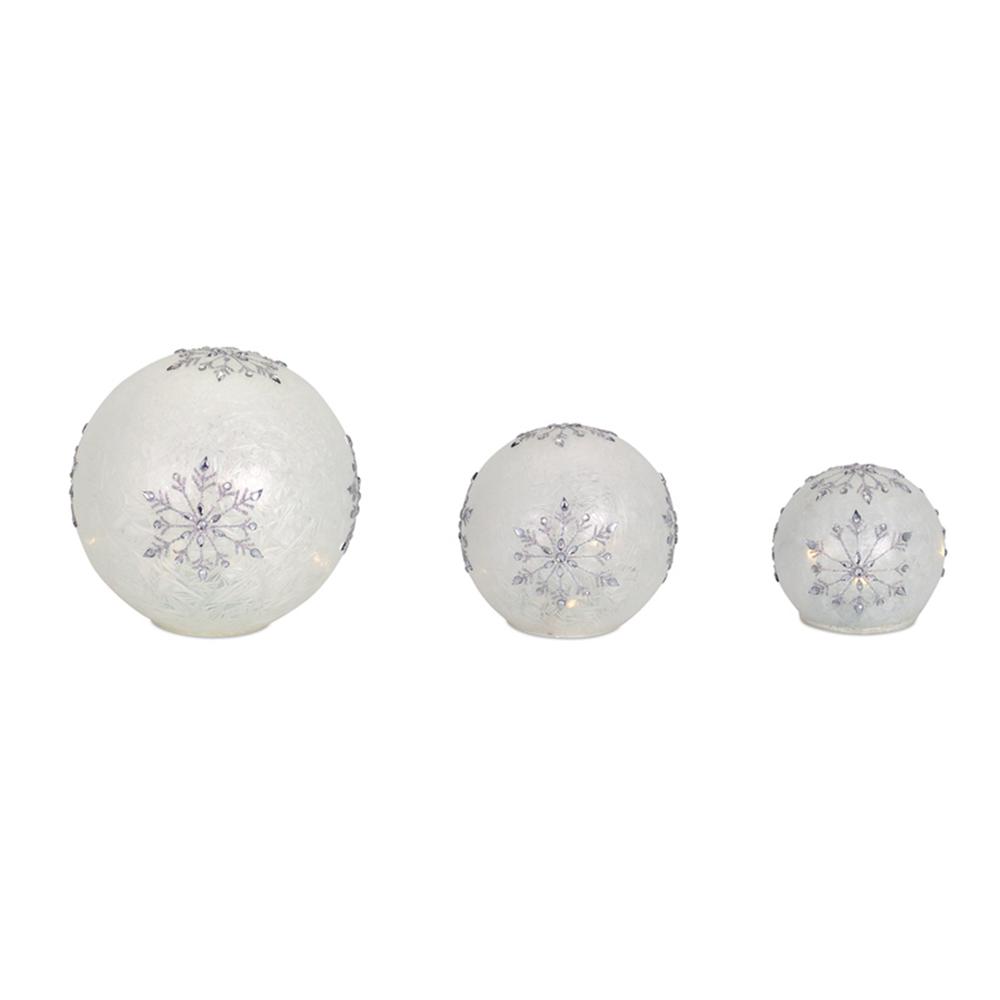 LED Snowflake Globes w/6 Hour Timer (Set of 3) 4"-8"D Glass. Picture 1