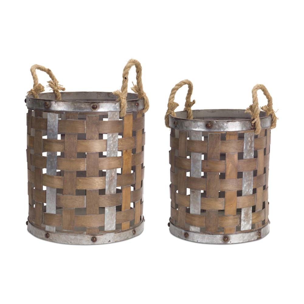 Pail with Rope Handle (Set of 2) 15.5"H, 18"H Wood/Metal. Picture 1