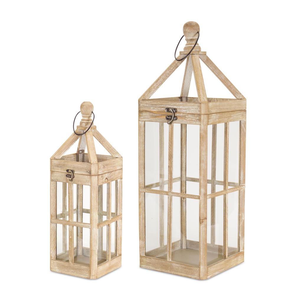 Lantern (Set of 2) 19"H, 27"H Wood/Glass. Picture 1