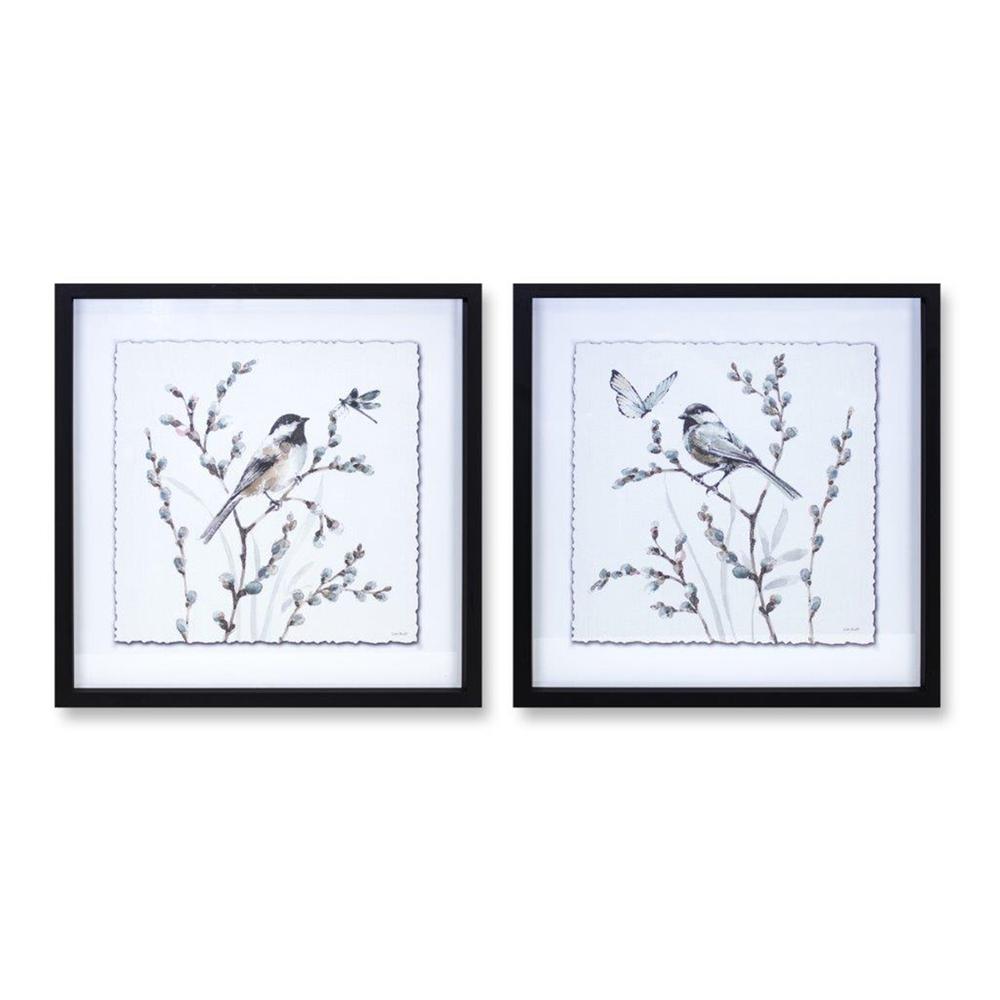 Pussy Willow & Bird Print (Set of 2) 15.75"SQ MDF/Glass. Picture 1