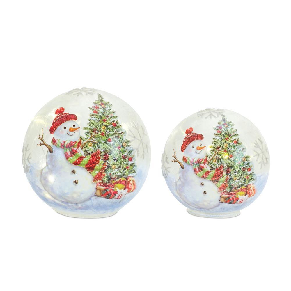 LED Snowman and Tree Globe (Set of 2) 6"H, 7"H Glass. Picture 1