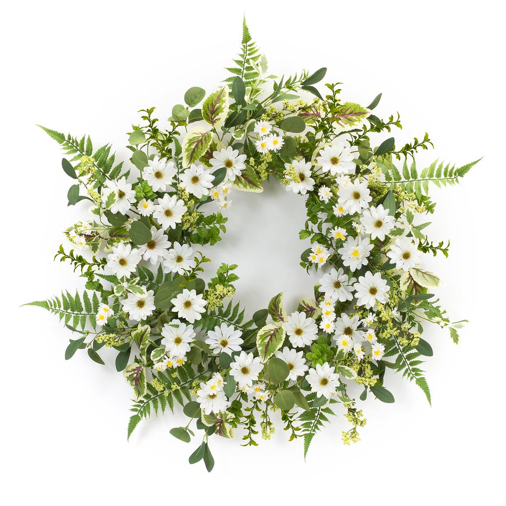 Mixed Foliage and Daisy Wreath 22.5"D Polyester/Plastic. Picture 1